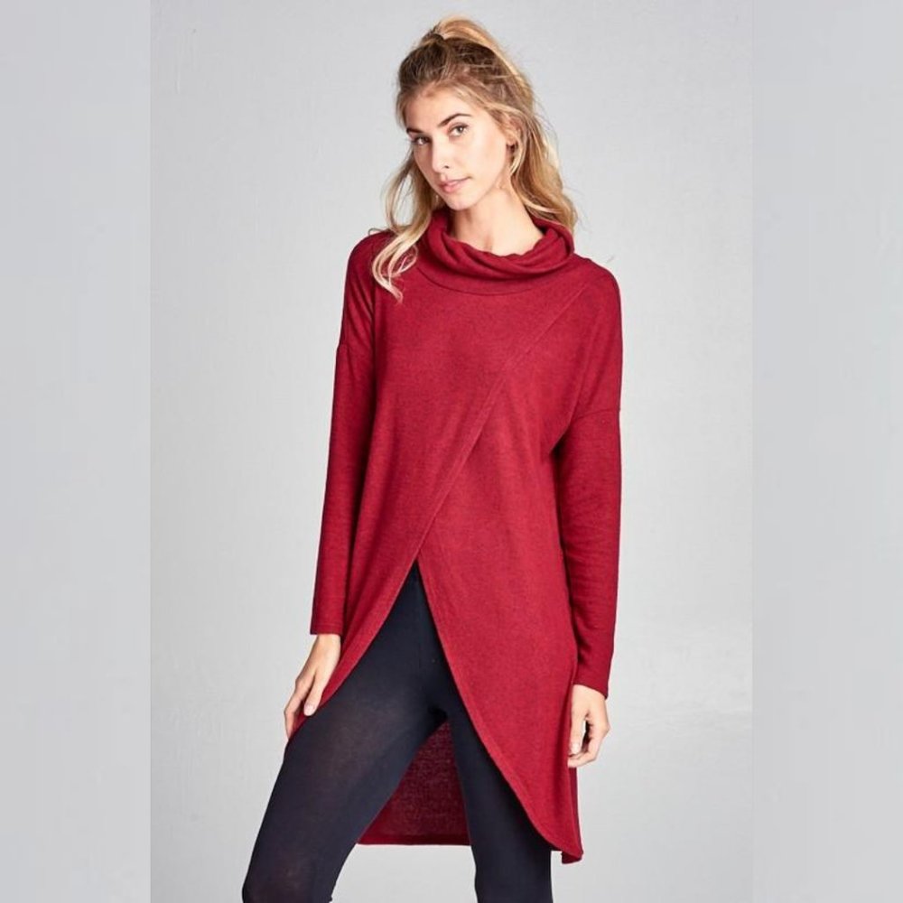 Hacci Brush Cowl Neck Long Blouse Top Burgundy - Picture 3 of 3